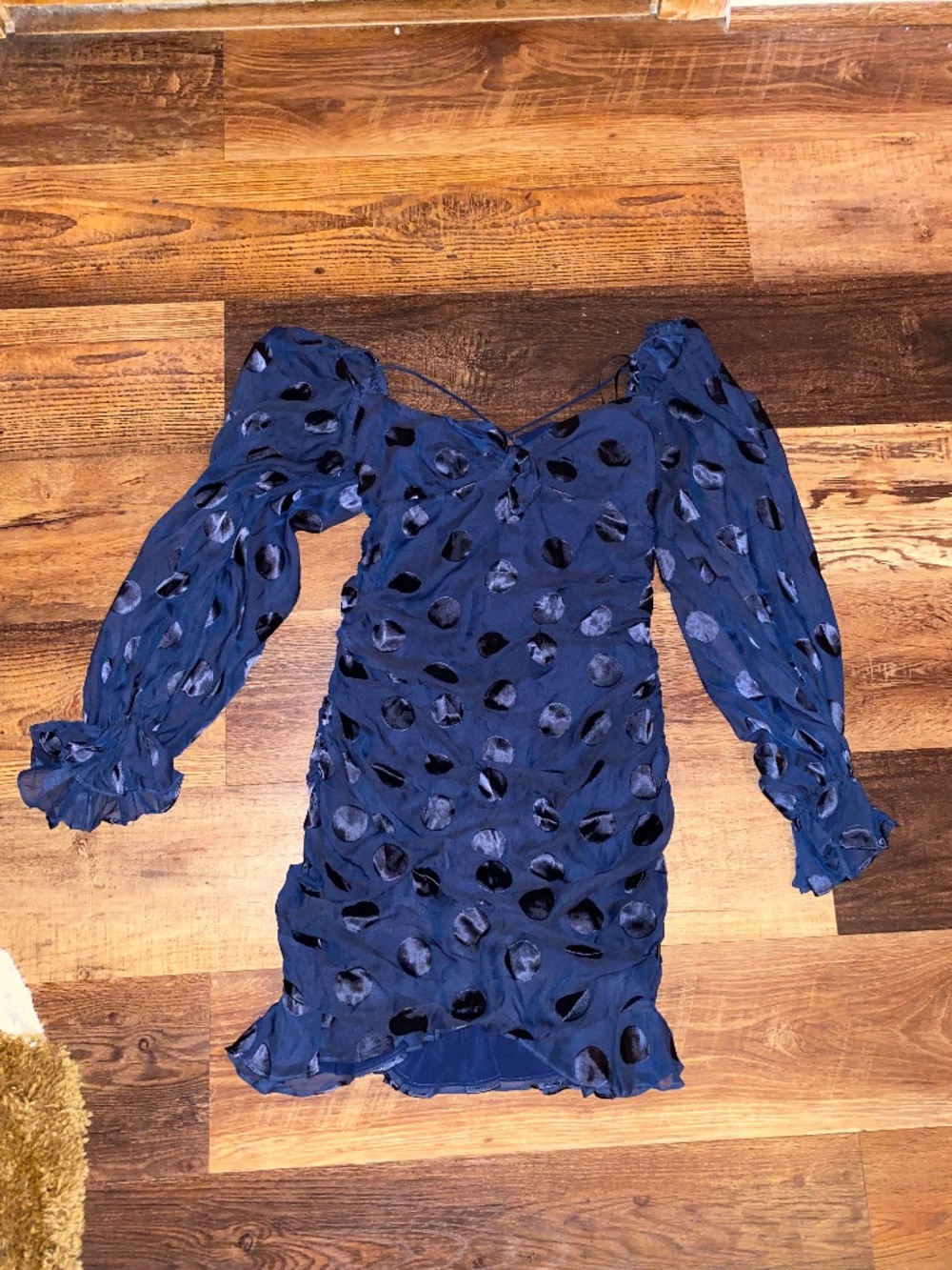 For Love & Lemons Lula Mini Dress Ruched Ruffled Navy-Blue Polka Dot MEDIUM